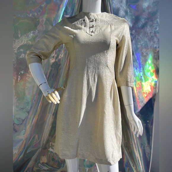 Vintage Dresses & Skirts - 60s Metallic Threaded Faux Button Mini Dress